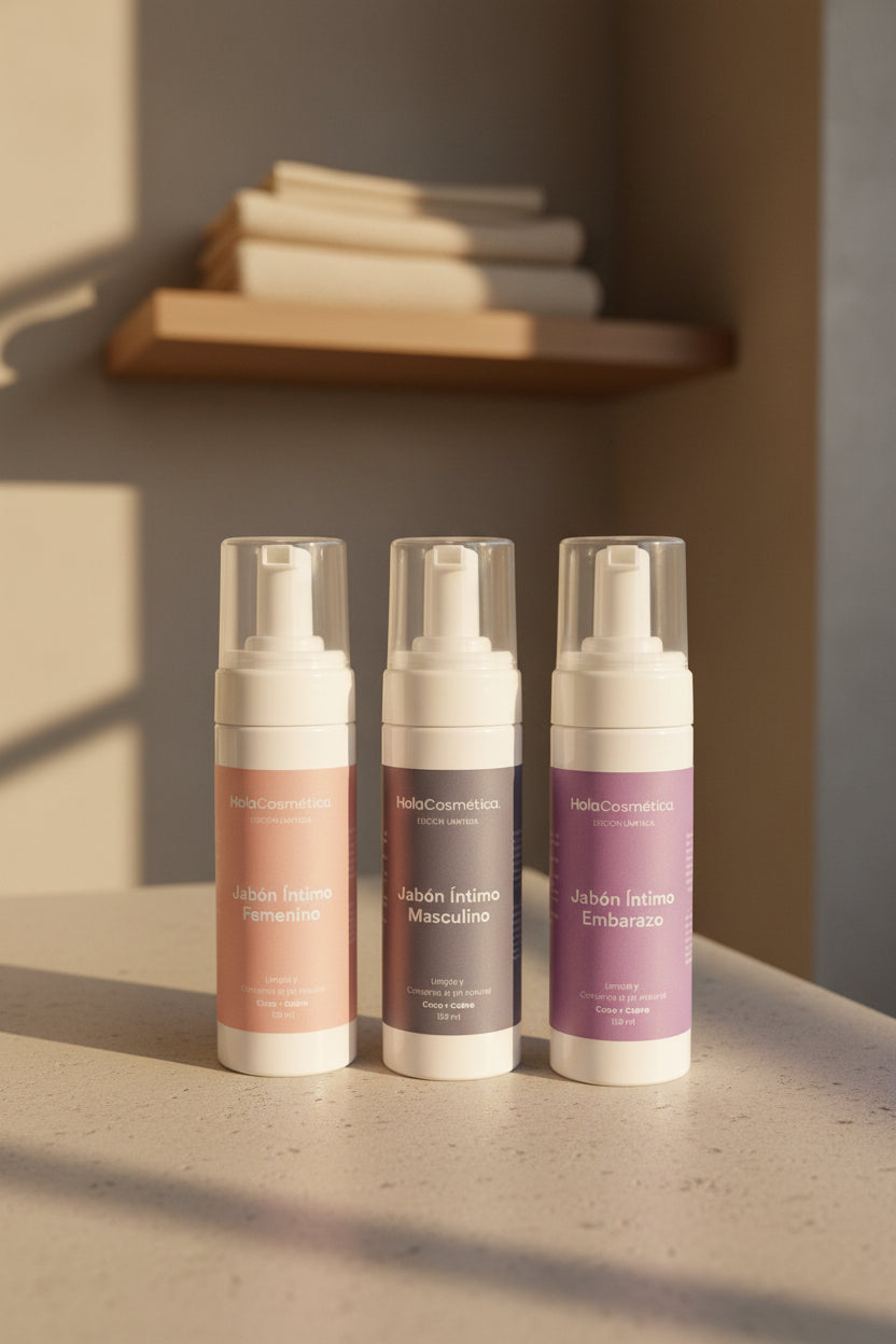 Tres jabones íntimos HolaCosmética (Femenino, Masculino y Embarazo) sobre una superficie de baño minimalista con luz cálida, mostrando claramente sus etiquetas.