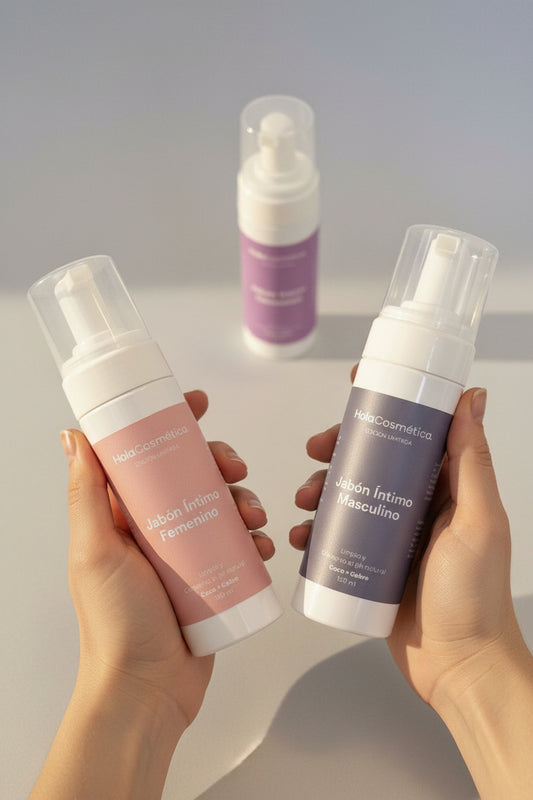 Dos jabones íntimos HolaCosmética sostenidos con ambas manos en una toma cenital, con un tercer jabón al fondo como opción disponible.