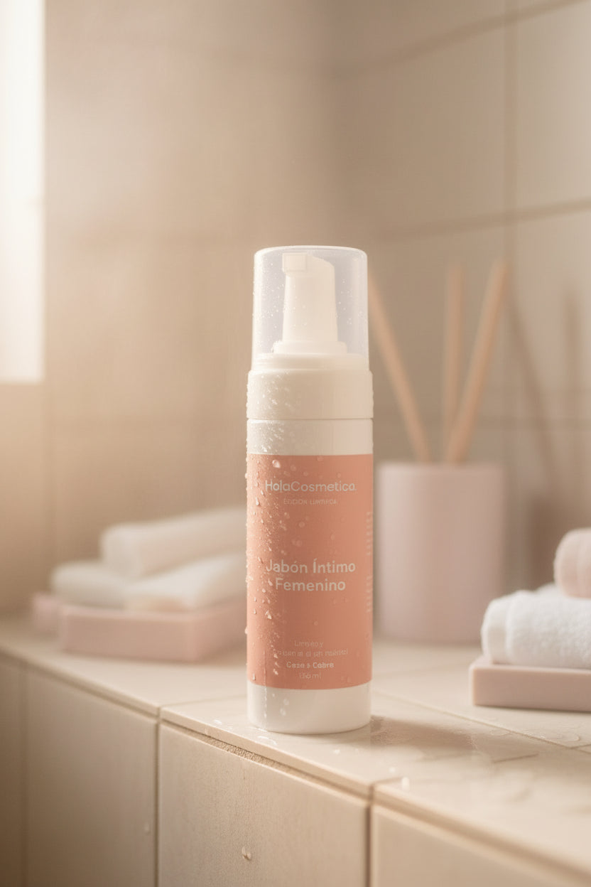 Jabón Íntimo Femenino Hola Cosmética sobre repisa de ducha, con vapor suave y accesorios de baño en tonos rosados y beige. Escena limpia, cálida y femenina.