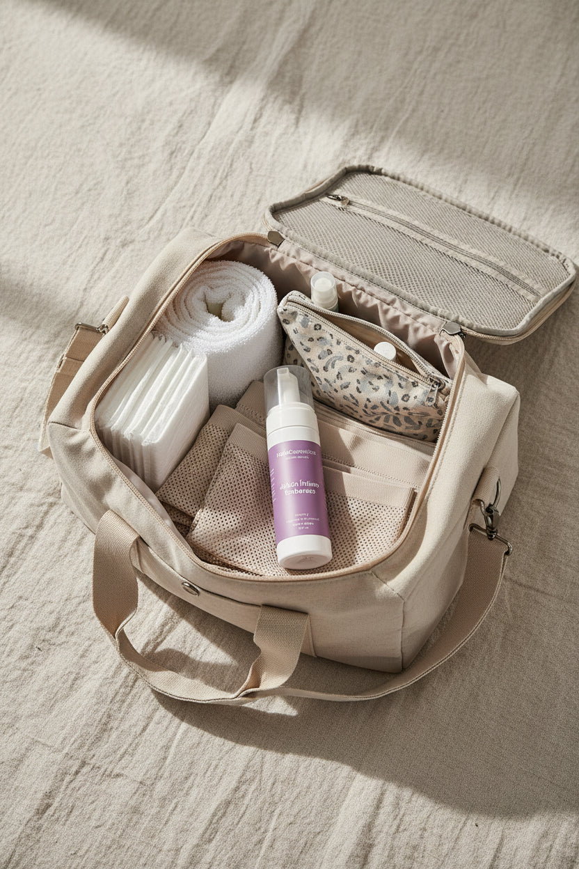 Bolso de clínica para la madre con productos de maternidad, incluyendo el Jabón Íntimo Embarazo Hola Cosmética en primer plano; pads postparto, toalla y neceser sobre fondo beige con luz natural.