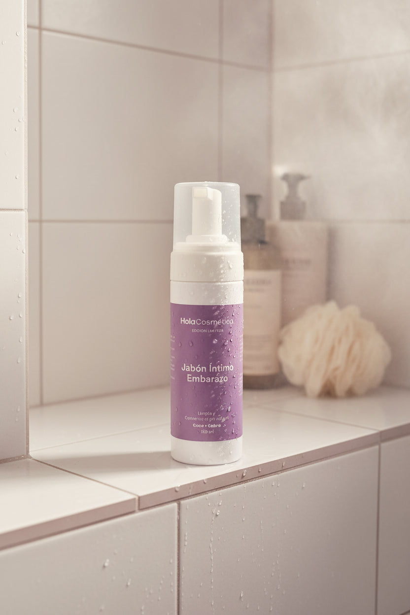 Jabón Íntimo Embarazo Hola Cosmética en una repisa dentro de la ducha, con vapor suave, gotas de agua y elementos de baño desenfocados; limpiador íntimo con coco, manzanilla y cobre para pH equilibrado