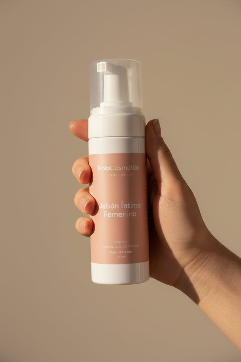 Mano femenina sosteniendo el Jabón Íntimo Femenino Hola Cosmética sobre fondo beige cálido, limpiador íntimo suave con coco y cobre.