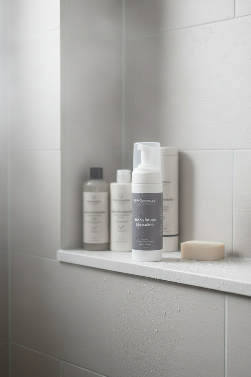 Jabón Íntimo Masculino HOLA Cosmética en una repisa dentro de la ducha, rodeado de productos de baño desenfocados; limpiador suave con coco, aloe vera y cobre para pH equilibrado.