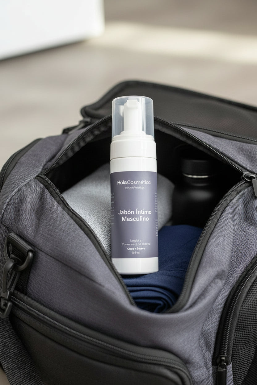 Jabón Íntimo Masculino HOLA Cosmética dentro de un bolso deportivo de hombre, limpiador suave con coco, aloe vera y cobre para uso diario y pH equilibrado.
