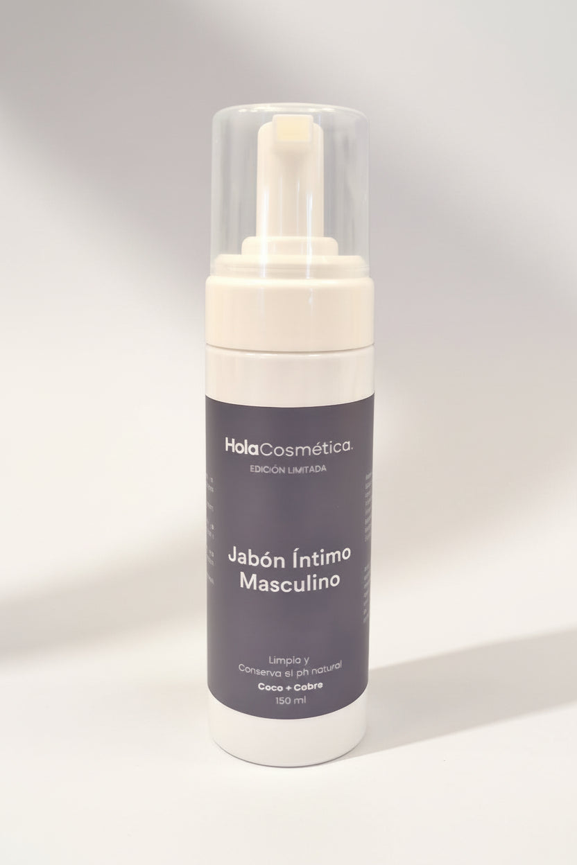 Jabón íntimo masculino HOLA Cosmética, espuma limpiadora con coco, aloe vera y cobre, ideal para higiene diaria con pH equilibrado.