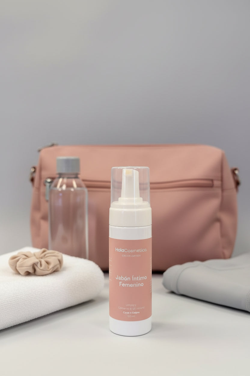 Jabón Íntimo Femenino Hola Cosmética delante de un bolso de gimnasio rosa, acompañado de accesorios personales como botella de agua, toalla y scrunchie. Producto en primer plano, etiqueta legible.